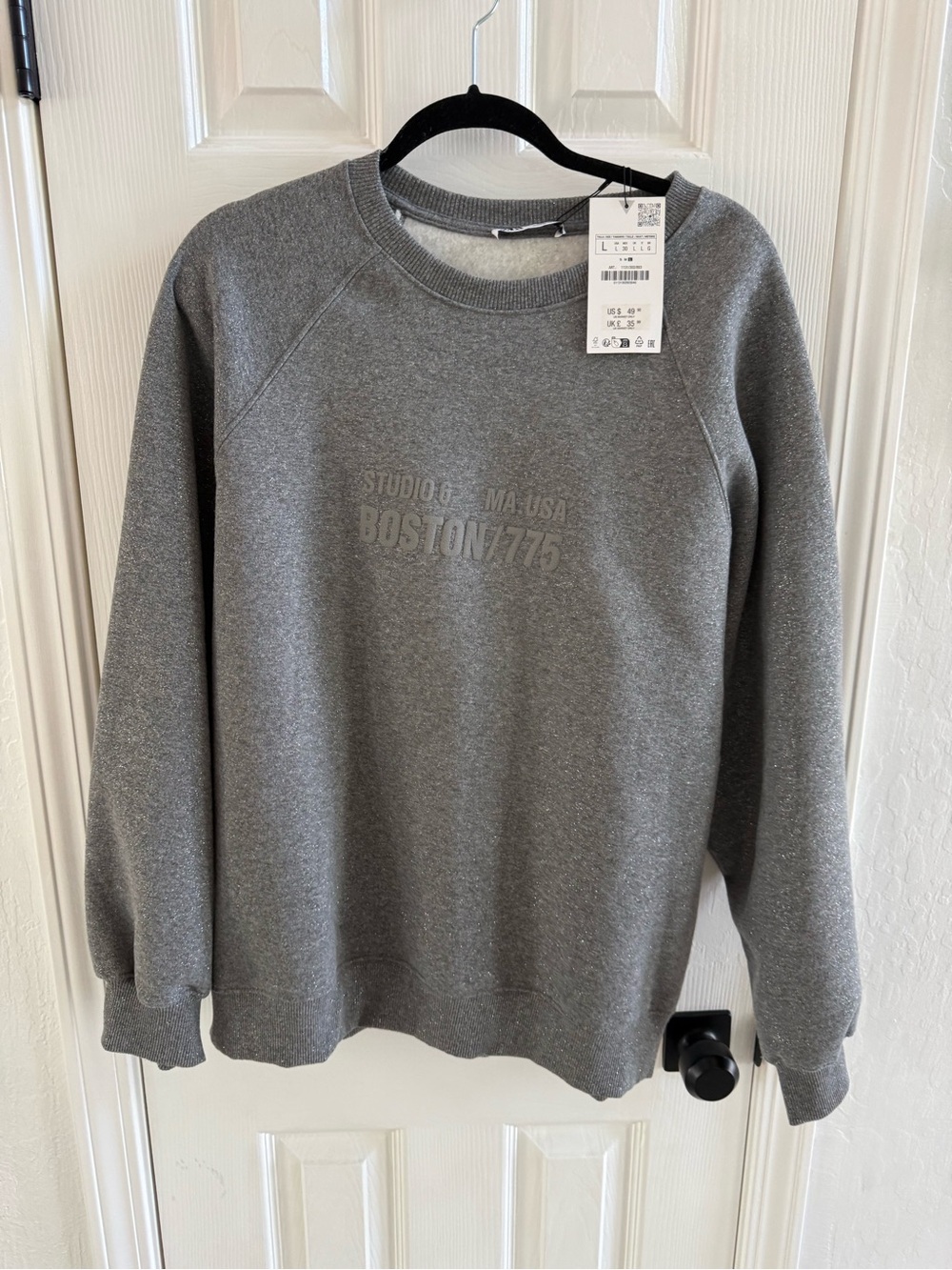 Zara Gray Crewneck Sweatshirt with Subtle Boston 1775 Chest Print